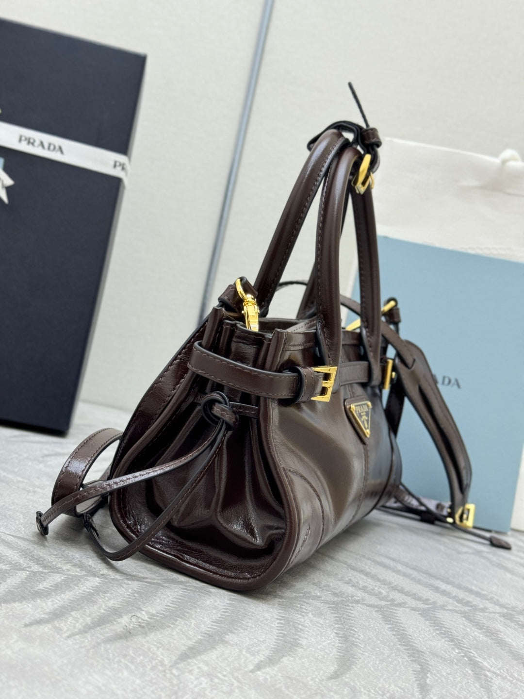 PRADA 25S BONNIE MINI HANDBAG 23 IN RK BROWN CALFSKIN GOLD HARDWRE