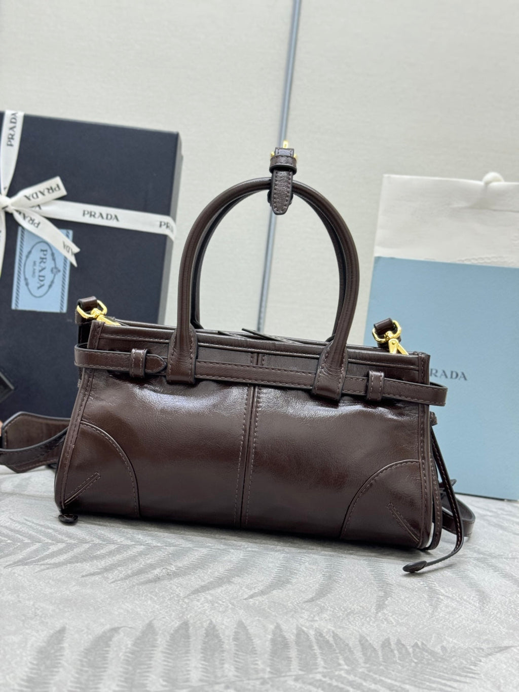 PRADA 25S BONNIE MINI HANDBAG 23 IN RK BROWN CALFSKIN GOLD HARDWRE
