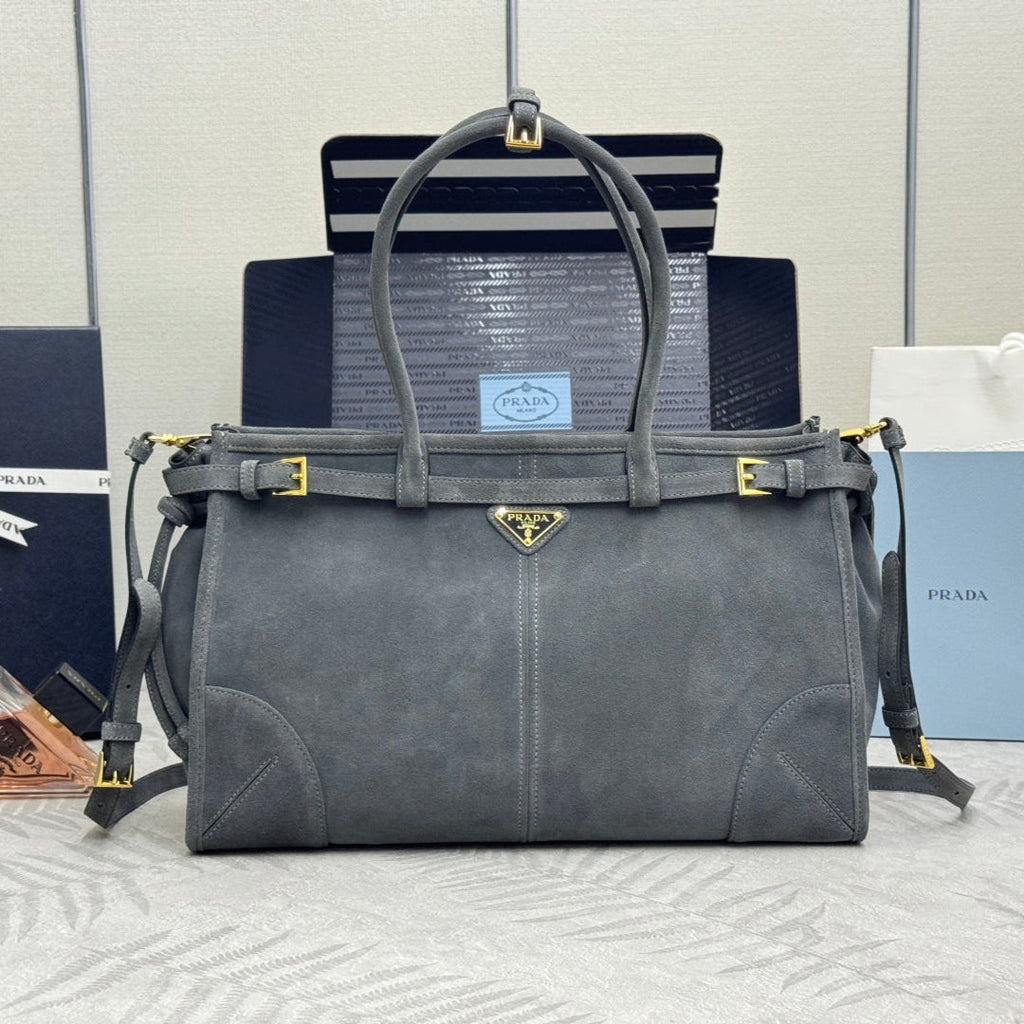 PRADA 25S BONNIE LARGE HANDBAG 38 IN RK GRAY SUEDE GOLD HARDWARE
