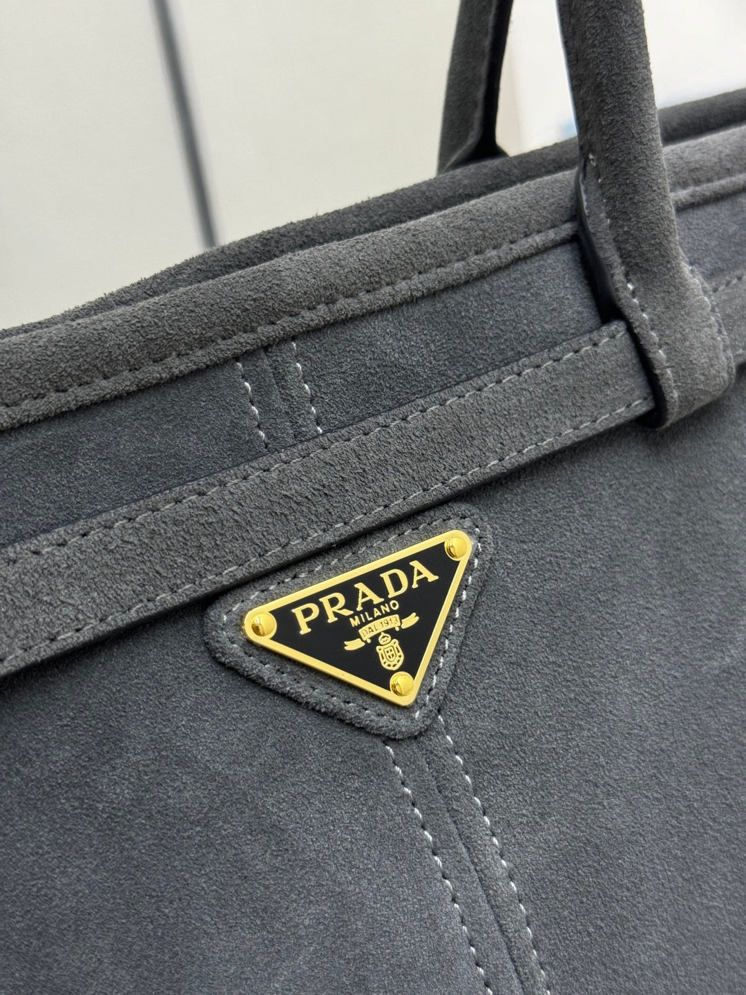 PRADA 25S BONNIE LARGE HANDBAG 38 IN RK GRAY SUEDE GOLD HARDWARE