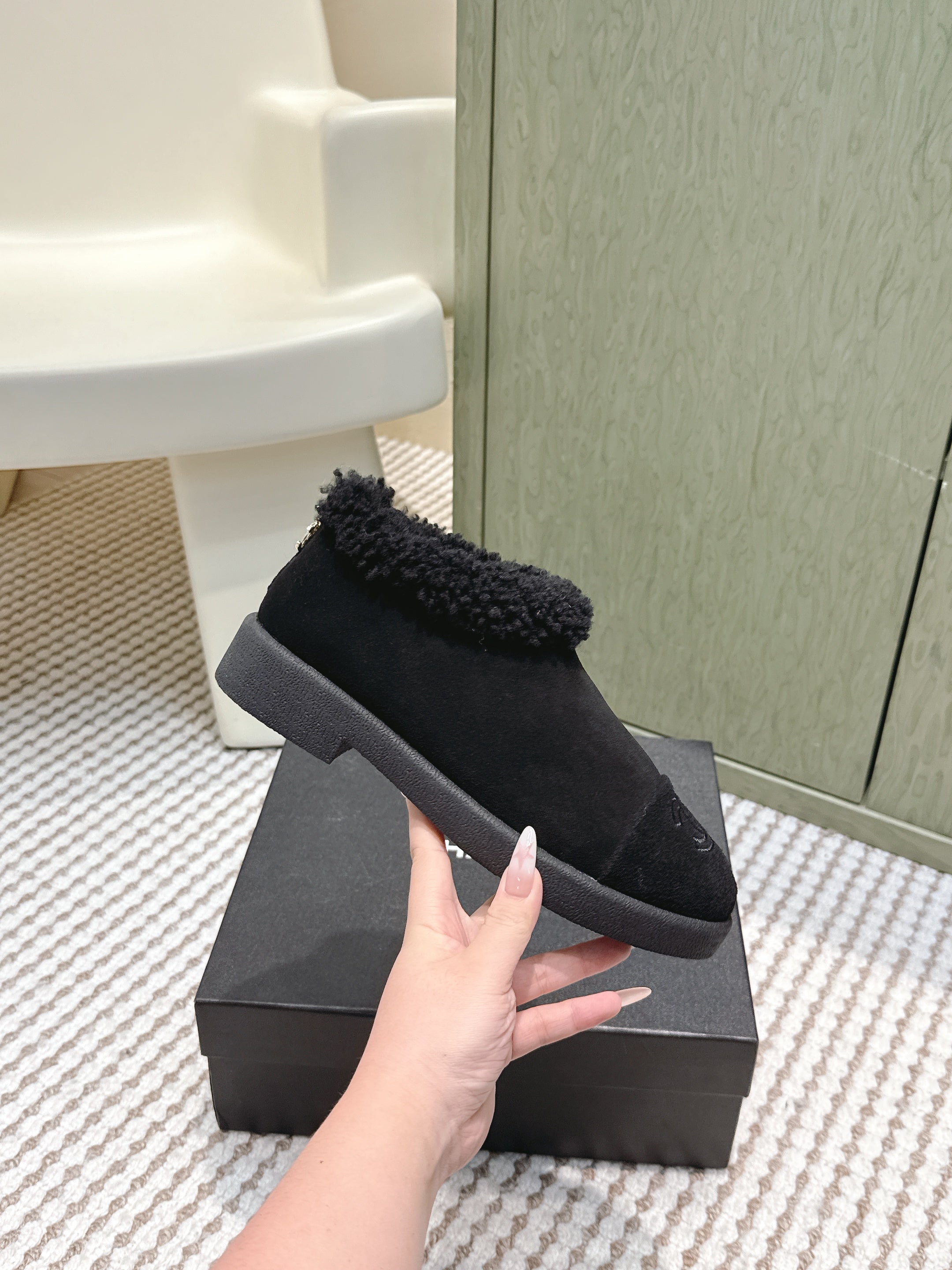 CHANEL 25S SHORT SUEDE BOOTS IN BLACK WITH SHEEPSKIN LINING