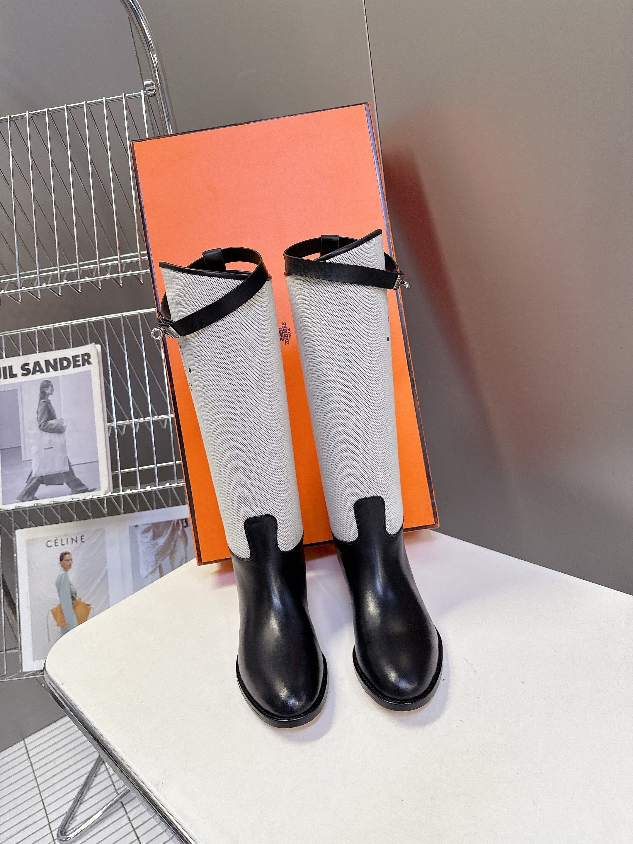HERMES 25S JUMPING BOOT IN BLACK LAMBSKIN AND GREY CANVAS WITH SILVER HARDWARE