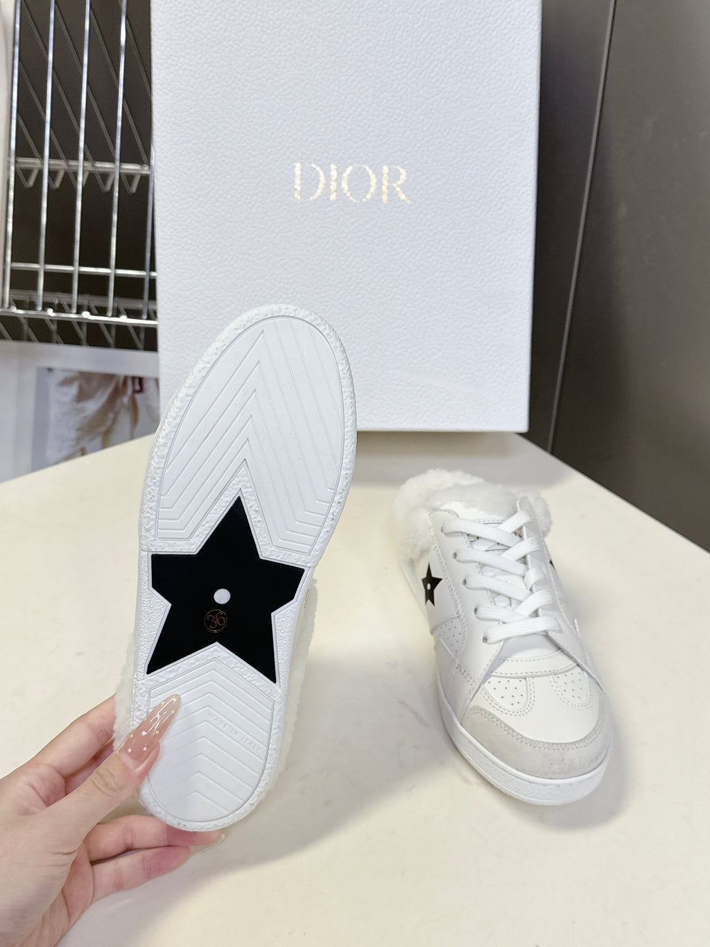 DIOR 25S  STAR SNEAKERS IN WHITE LAMBSKIN AND WOOL