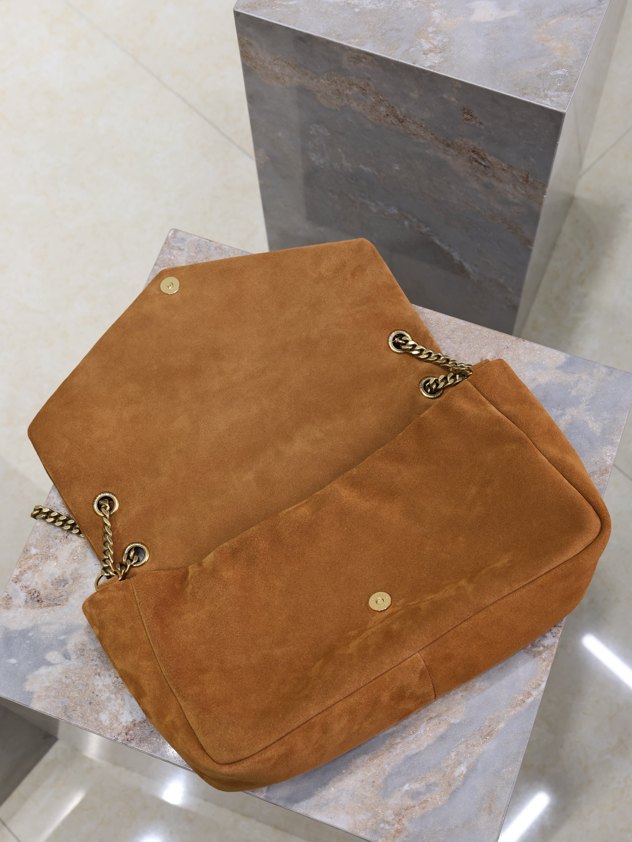 YSL 25S CALYPSO GM 38 IN DARK CARAMEL SUEDE GOLD HARDWARE