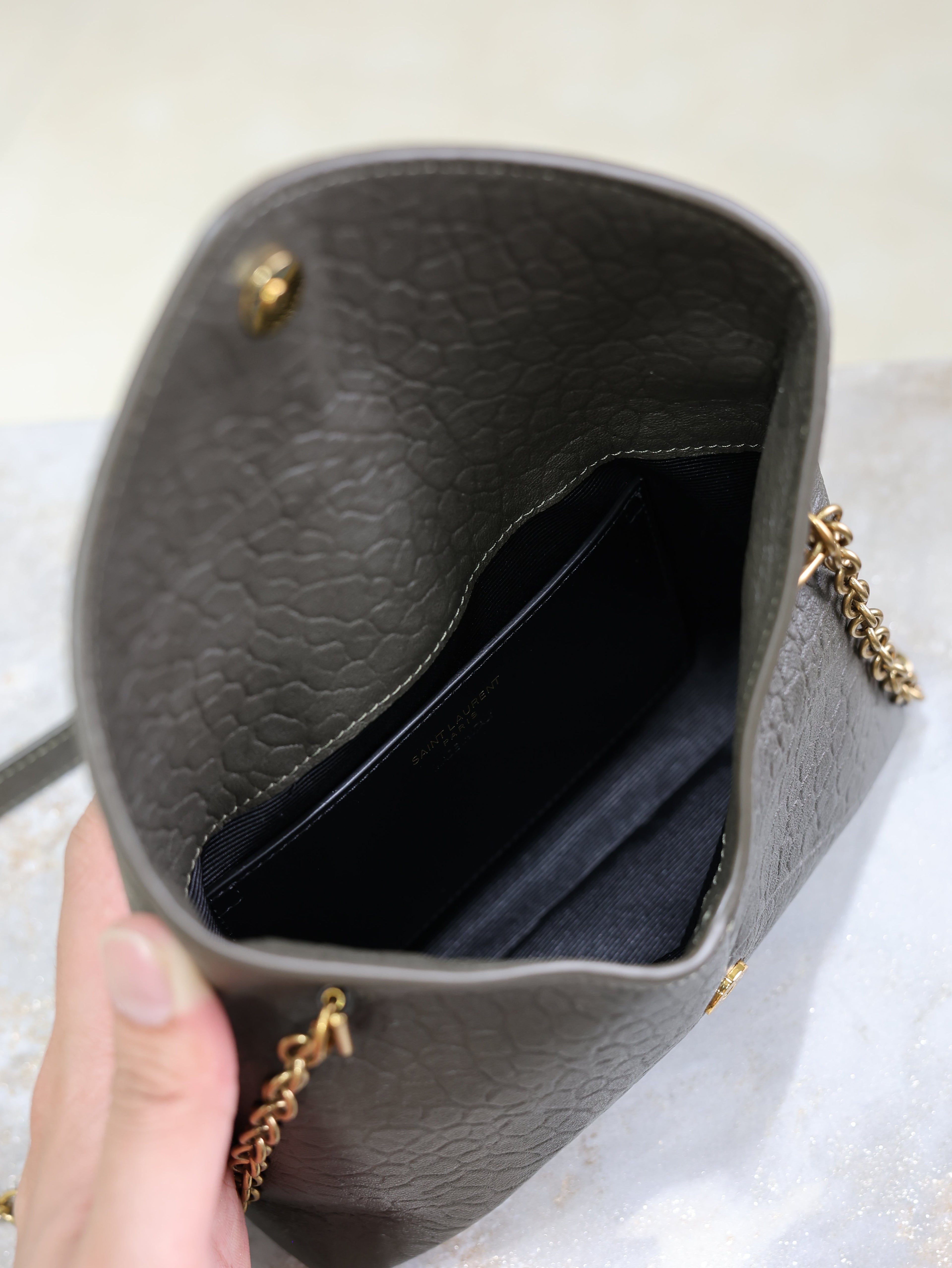 YSL 25S CALYPSO MINI 19 IN CHARCOAL GRAY LAMBSKIN GOLD HARDWRE