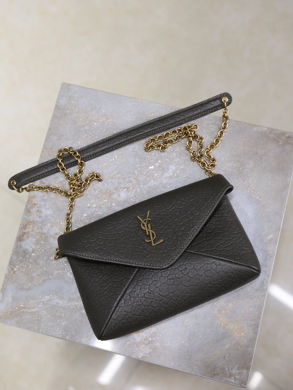 YSL 25S CALYPSO MINI 19 IN CHARCOAL GRAY LAMBSKIN GOLD HARDWRE