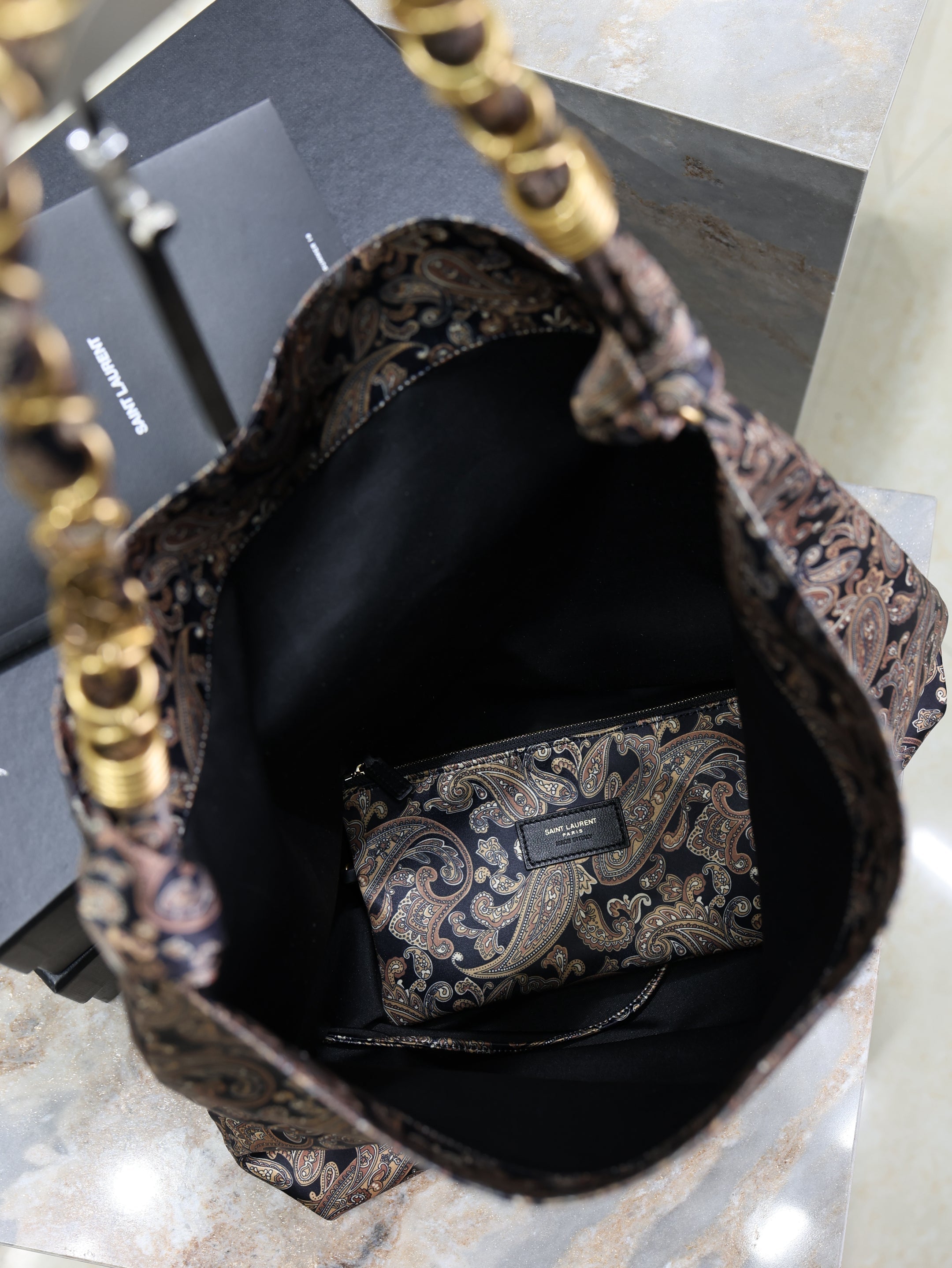 YSL 25S AMALIA 50 IN NAVY MULTICOLOR  SILK TWILL GOLD HARDWRE