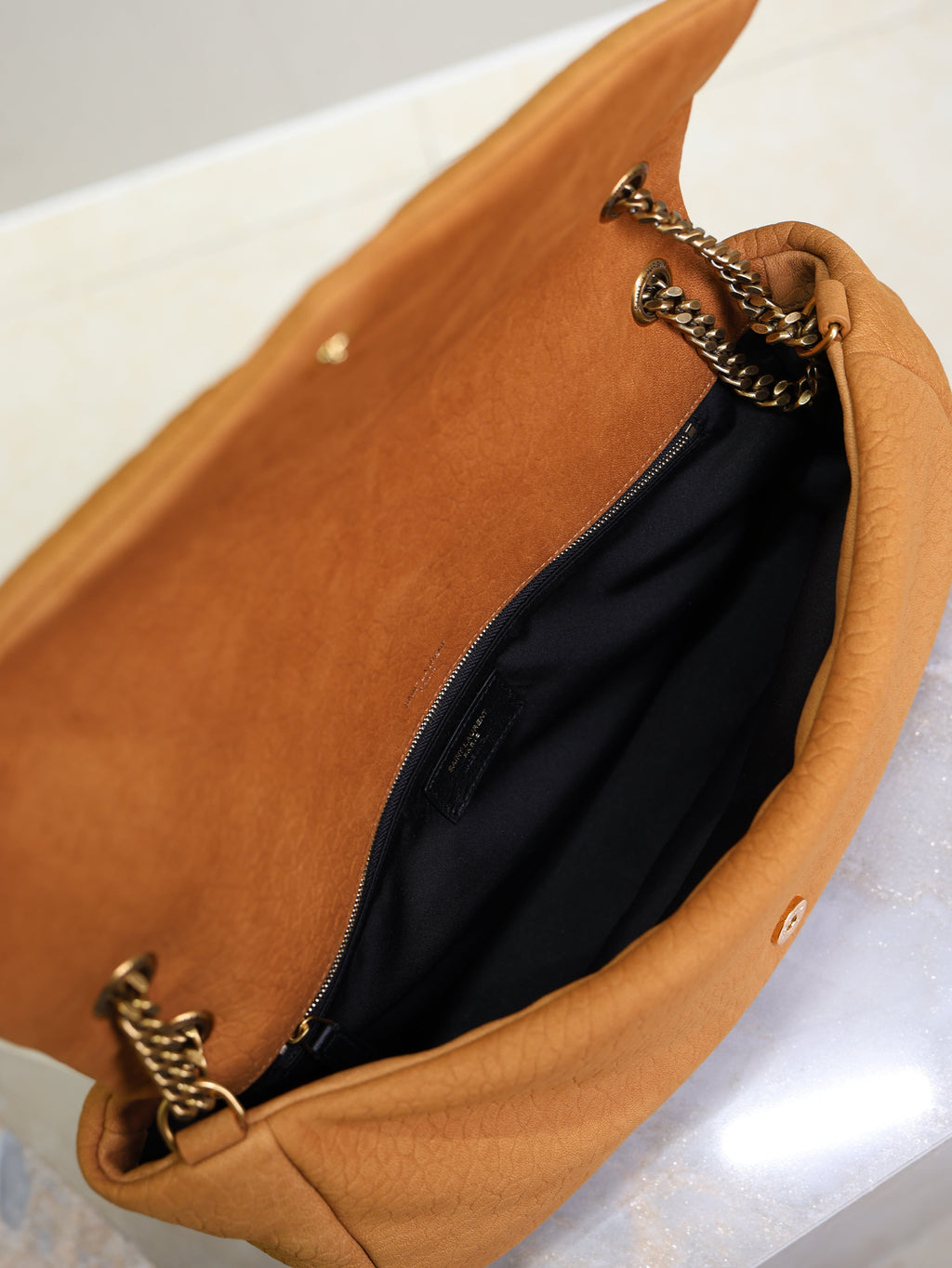 YSL 25S CALYPSO GM 38 IN BURNT ORANGE GRAINED CALFSKIN GOLD HARDWARE
