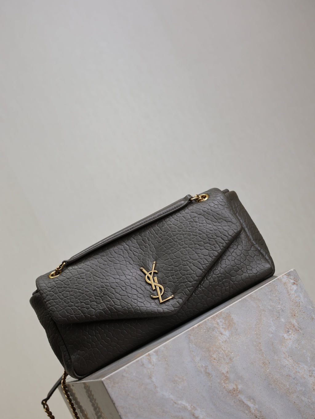 YSL 25S CALYPSO 30 IN DARK OLIVE GRAINED CALFSKIN GOLD HARDWRE