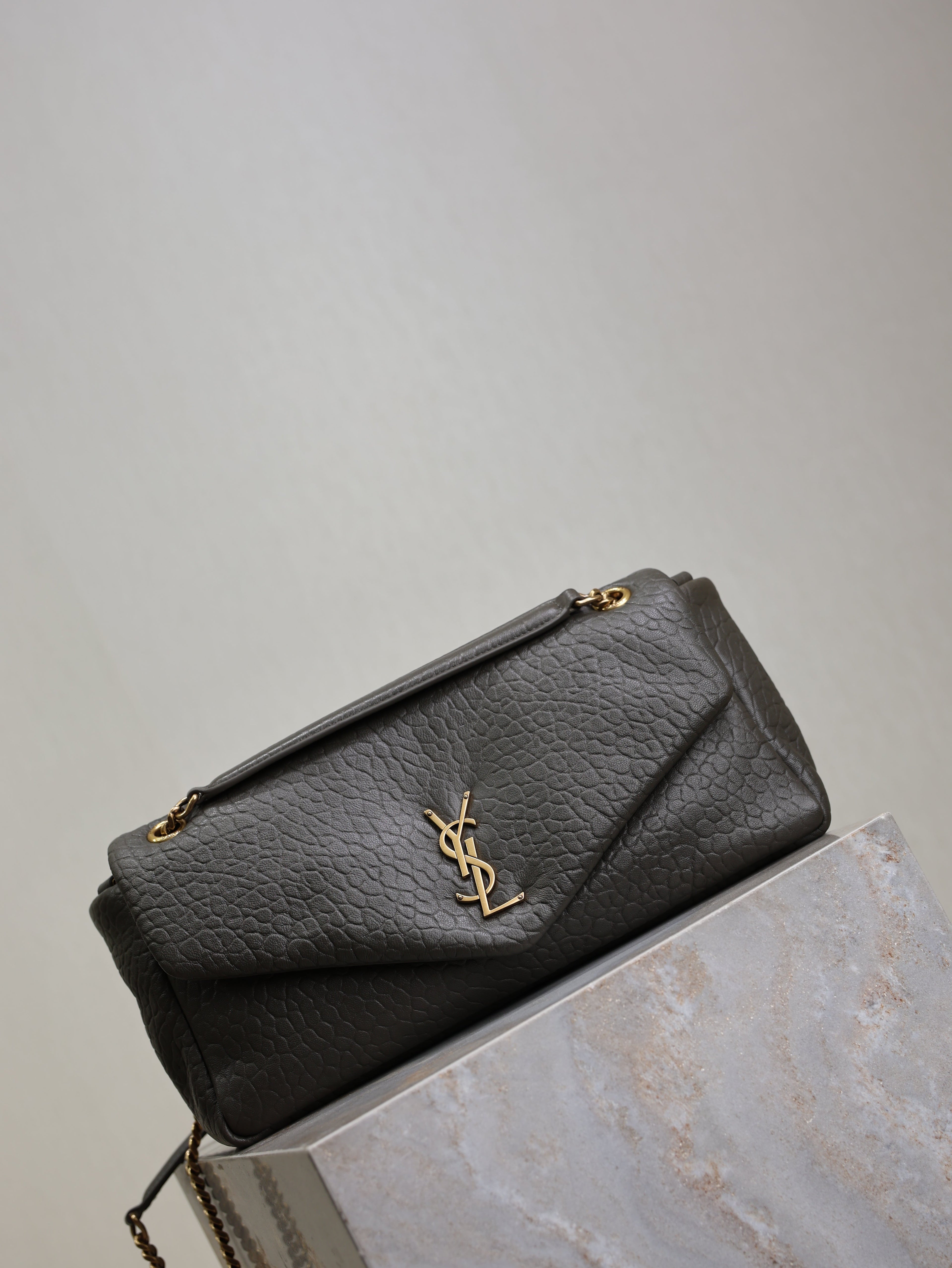 YSL 25S CALYPSO 30 IN DARK OLIVE GRAINED CALFSKIN GOLD HARDWARE