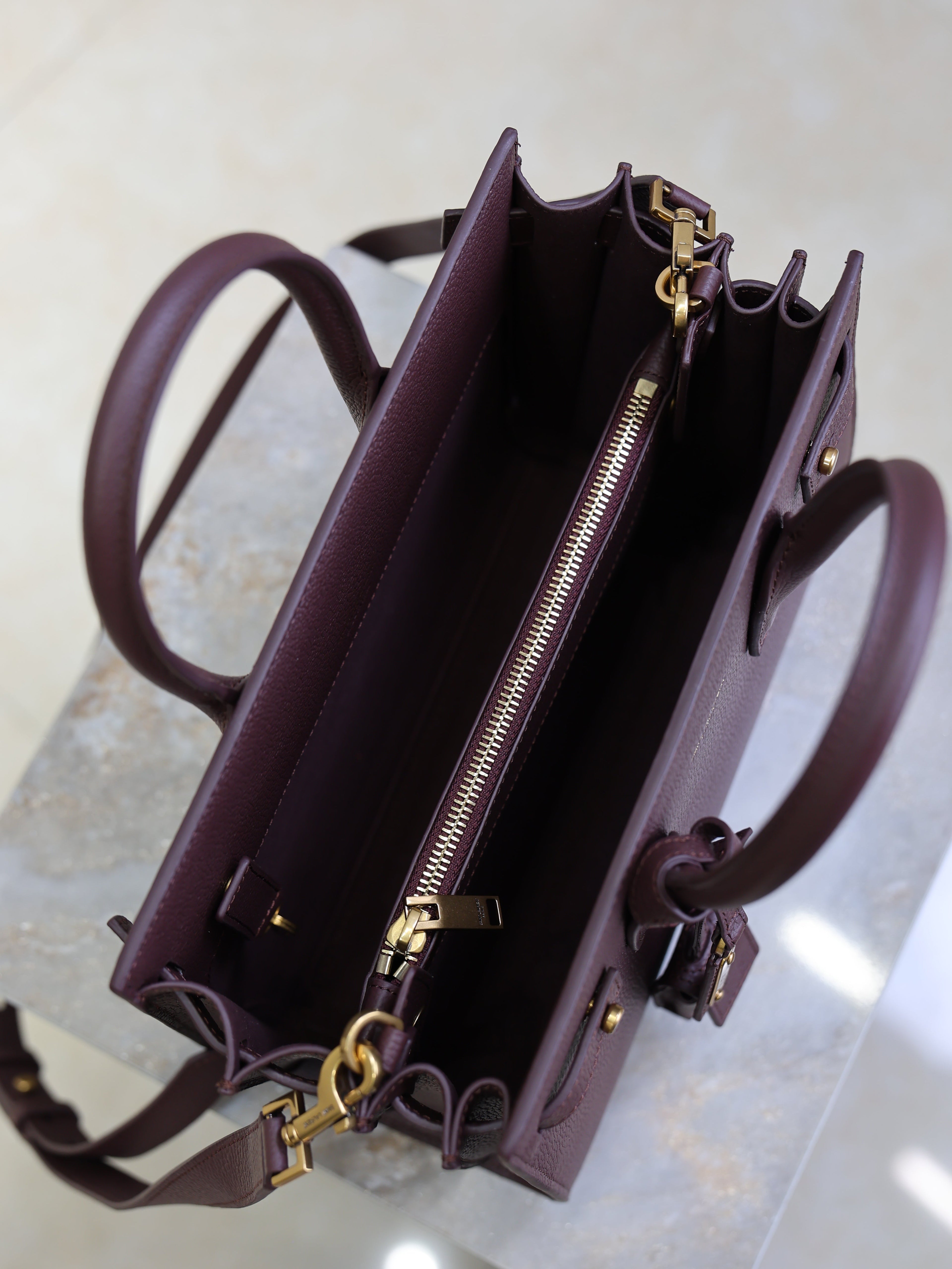 YSL 25S SAC DE JOUR MM 26 IN ROUGE CABERNET SUPPLE GRAINED CALFSKIN