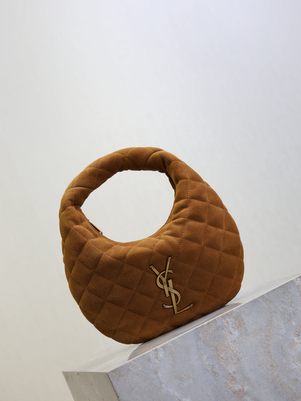 YSL 25S ICARINO MINI 17 IN CARAMEL QUILTED SUEDE GOLD HARDWARE