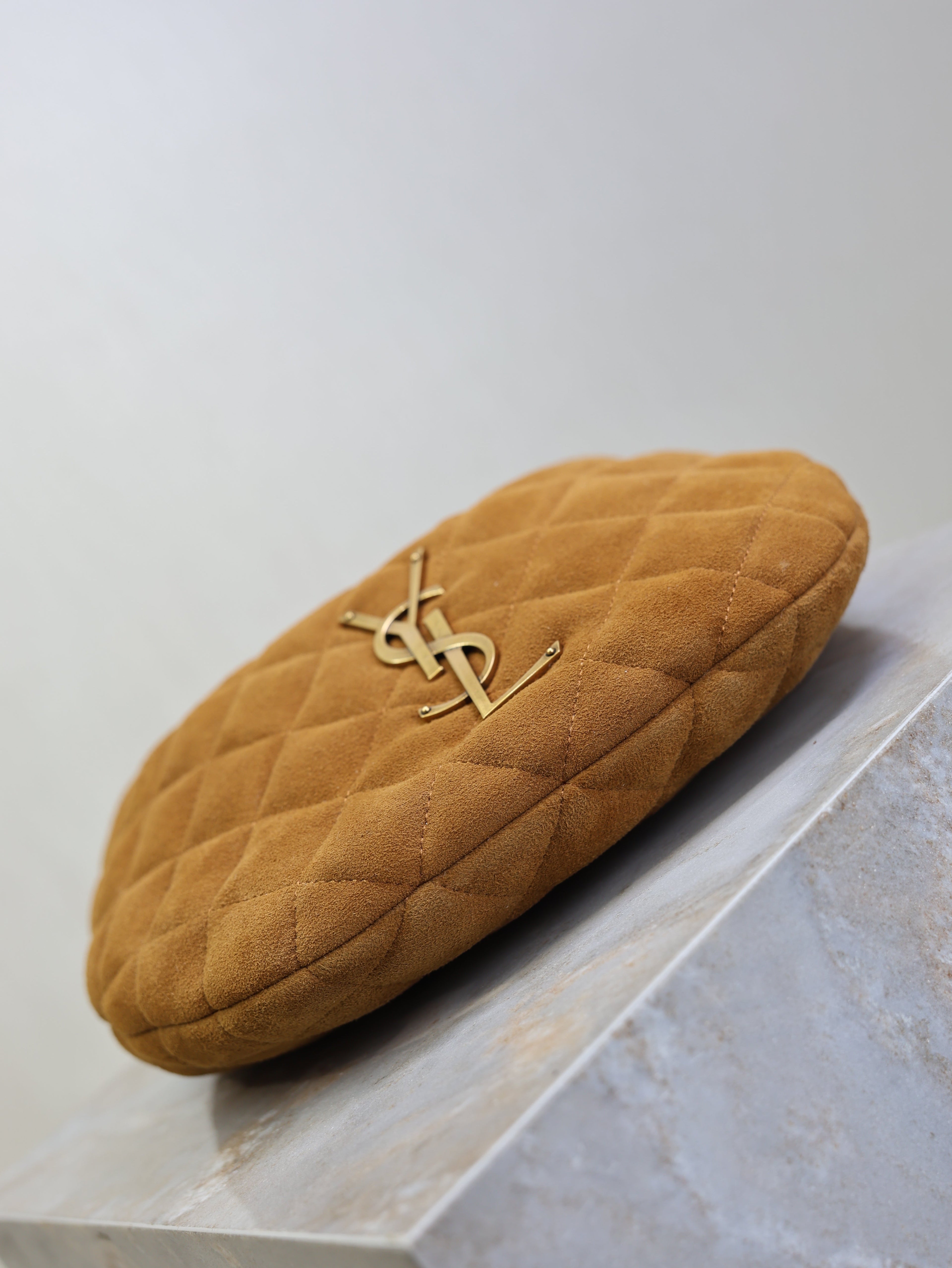 YSL 25S ICARINO MINI 17 IN CARAMEL QUILTED SUEDE GOLD HARDWRE