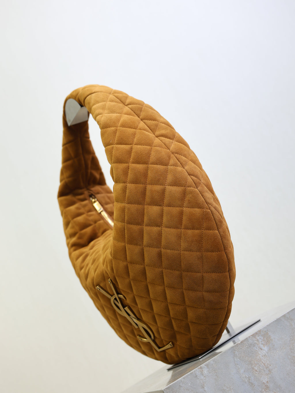 YSL 25S ICARINO 44 IN CARAMEL QUILTED SUEDE GOLD HARDWRE