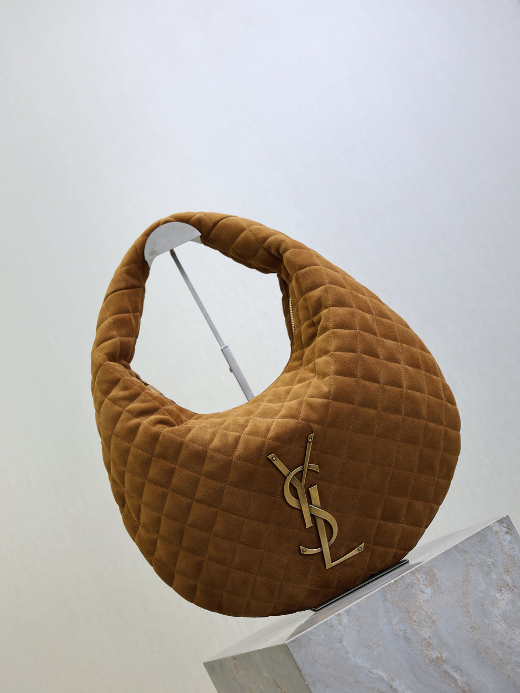YSL 25S ICARINO 44 IN CARAMEL QUILTED SUEDE GOLD HARDWRE