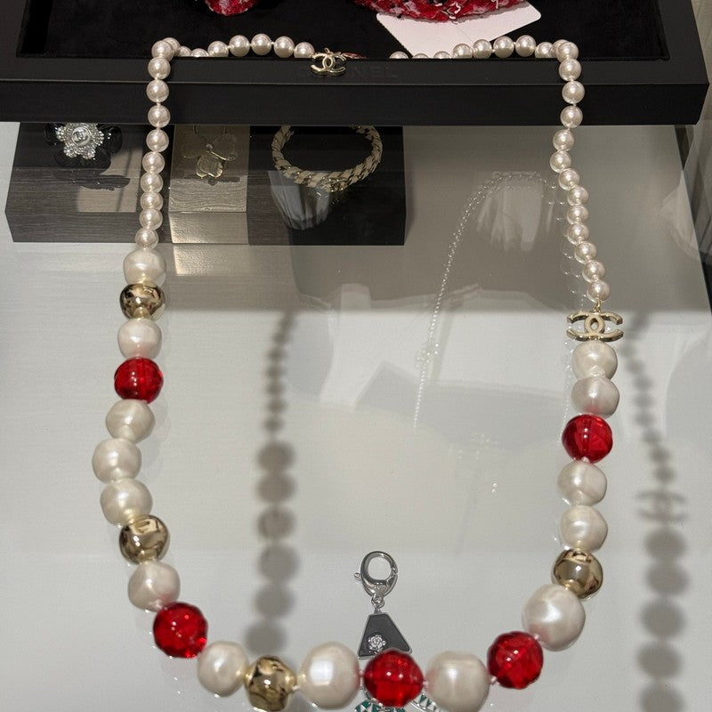 18K  Chanel Red Crystal Pearl Necklace