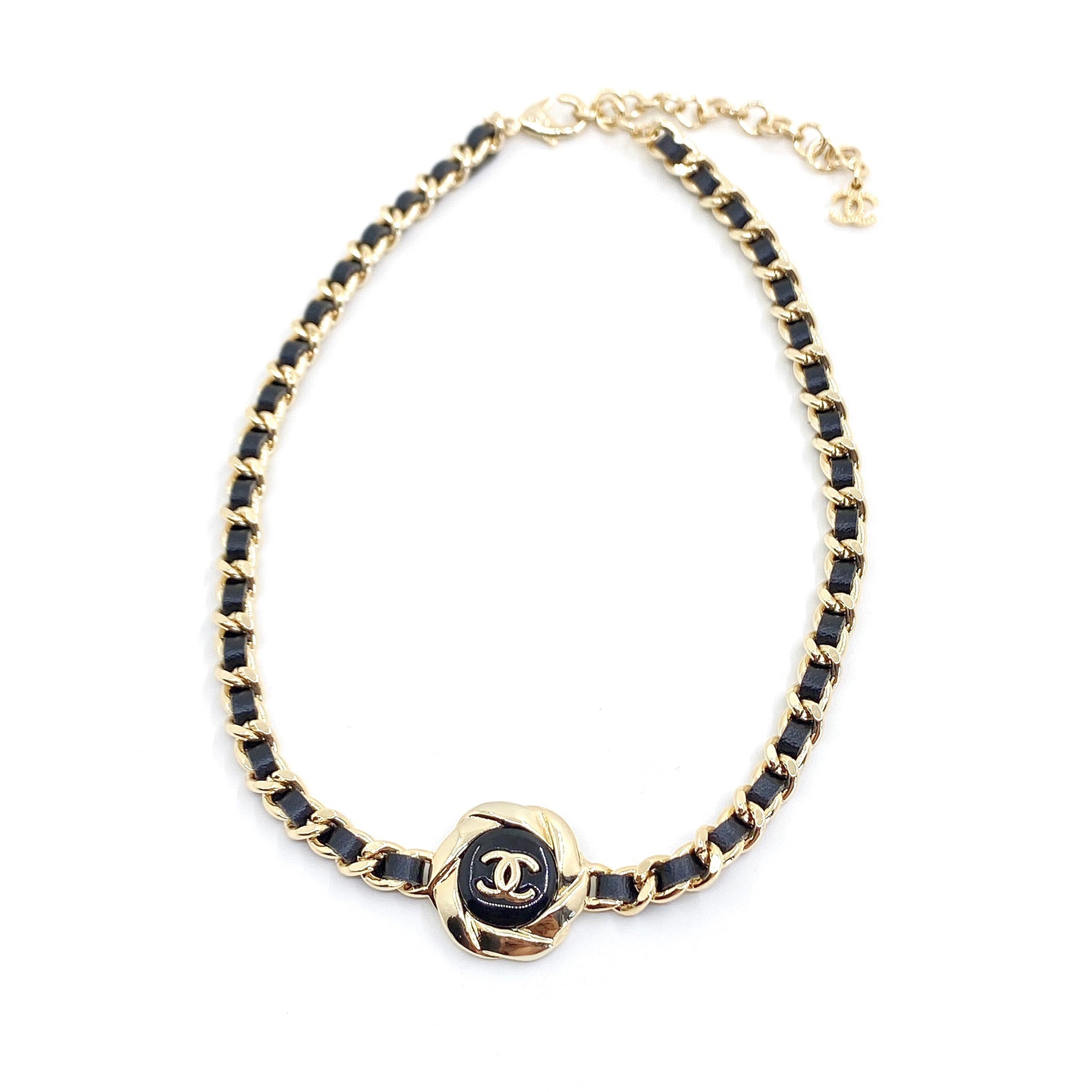 18K  Chanel Rhinestone Leather Choker Necklace