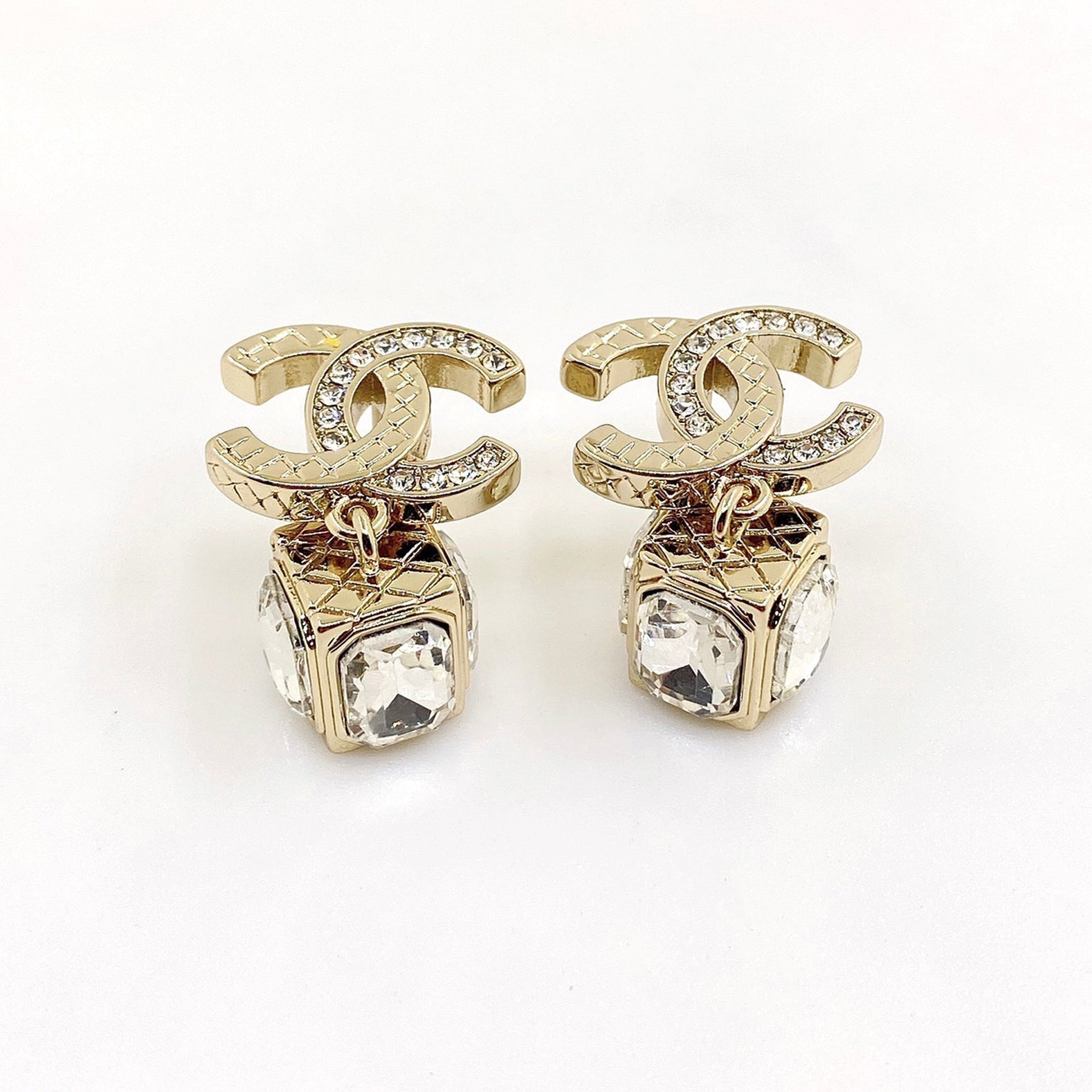18K  Chanel Square Crystal Pendant Earrings