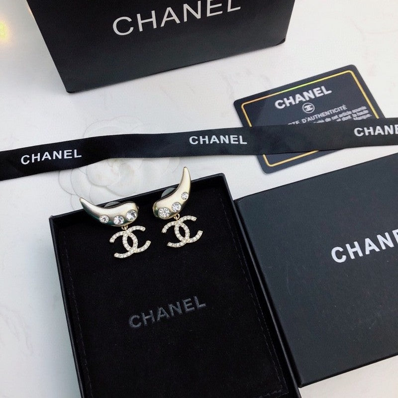 18K  Chanel Feather Diamond Gold Earrings