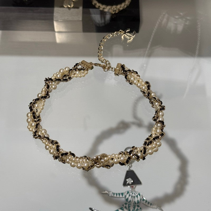 18K  Chanel Pearl Leather Choker Necklace