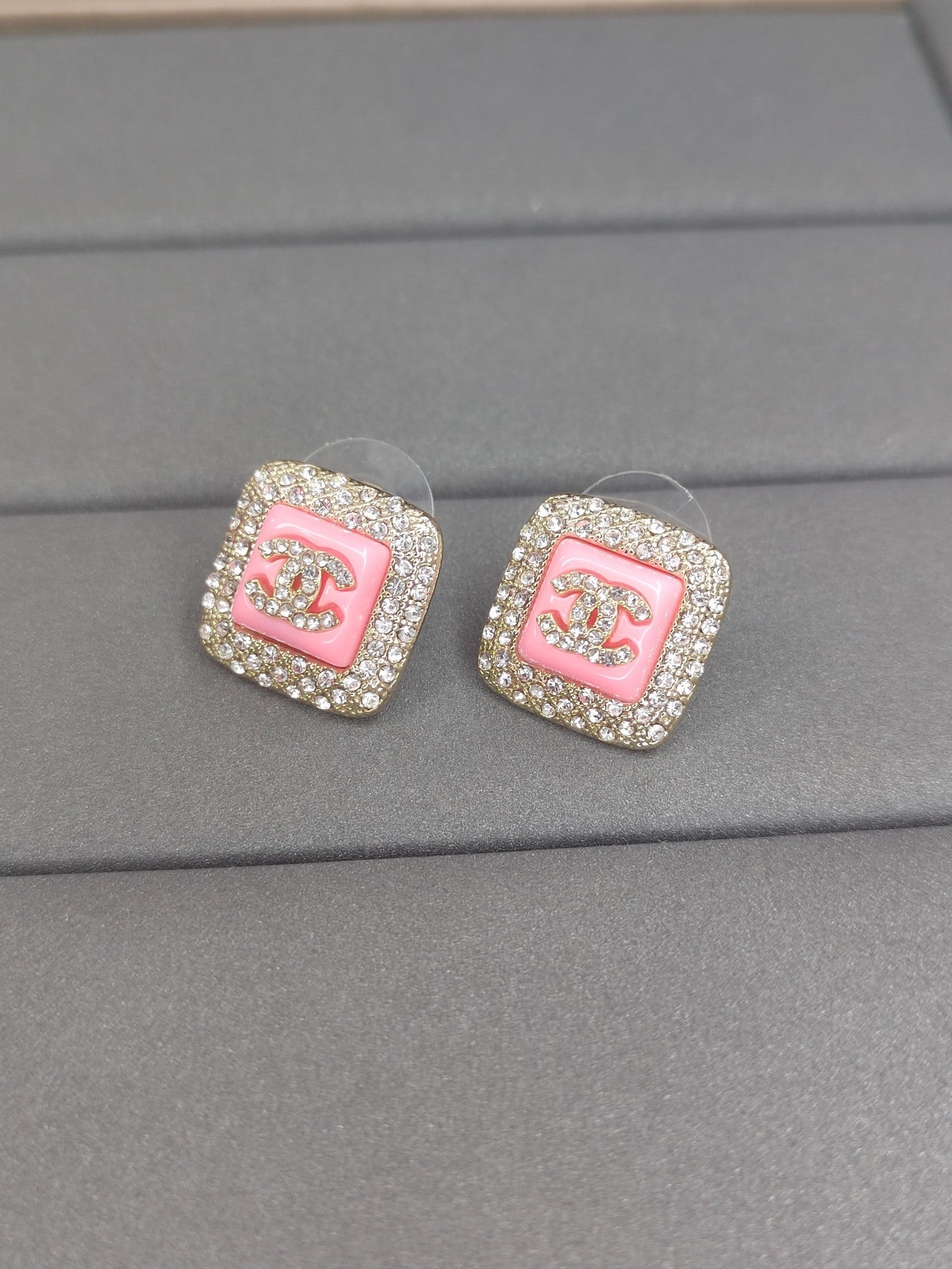 18K  Chanel Diamond Square Pink Earrings