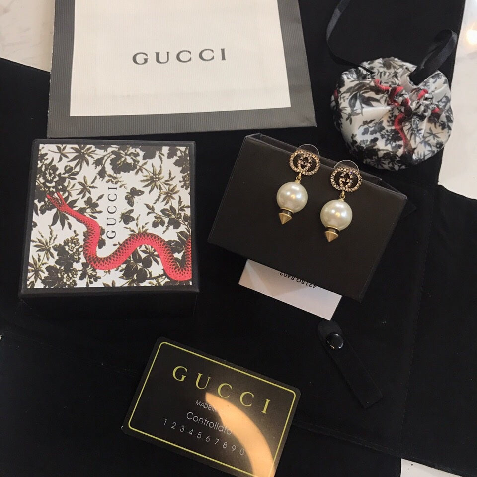 18K Double Gucci Pearl Pendant Earrings