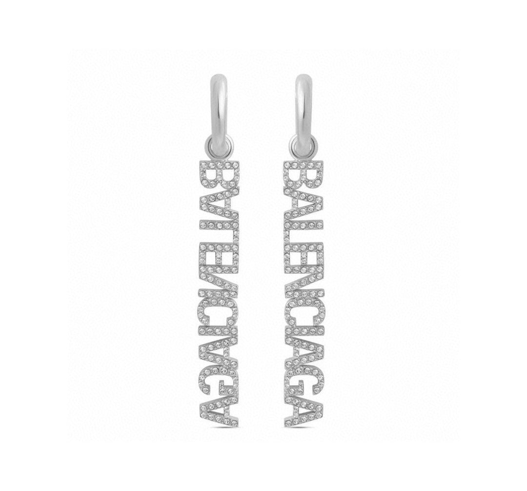 18K Balenciaga Typo Mirror Hoop Crystals Earrings