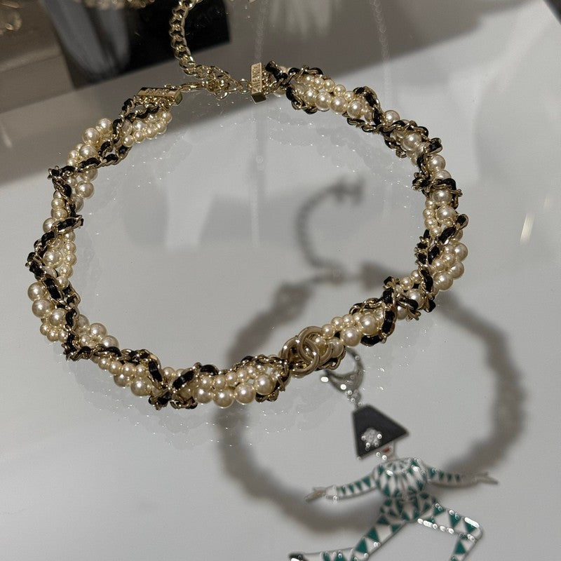 18K  Chanel Pearl Leather Choker Necklace