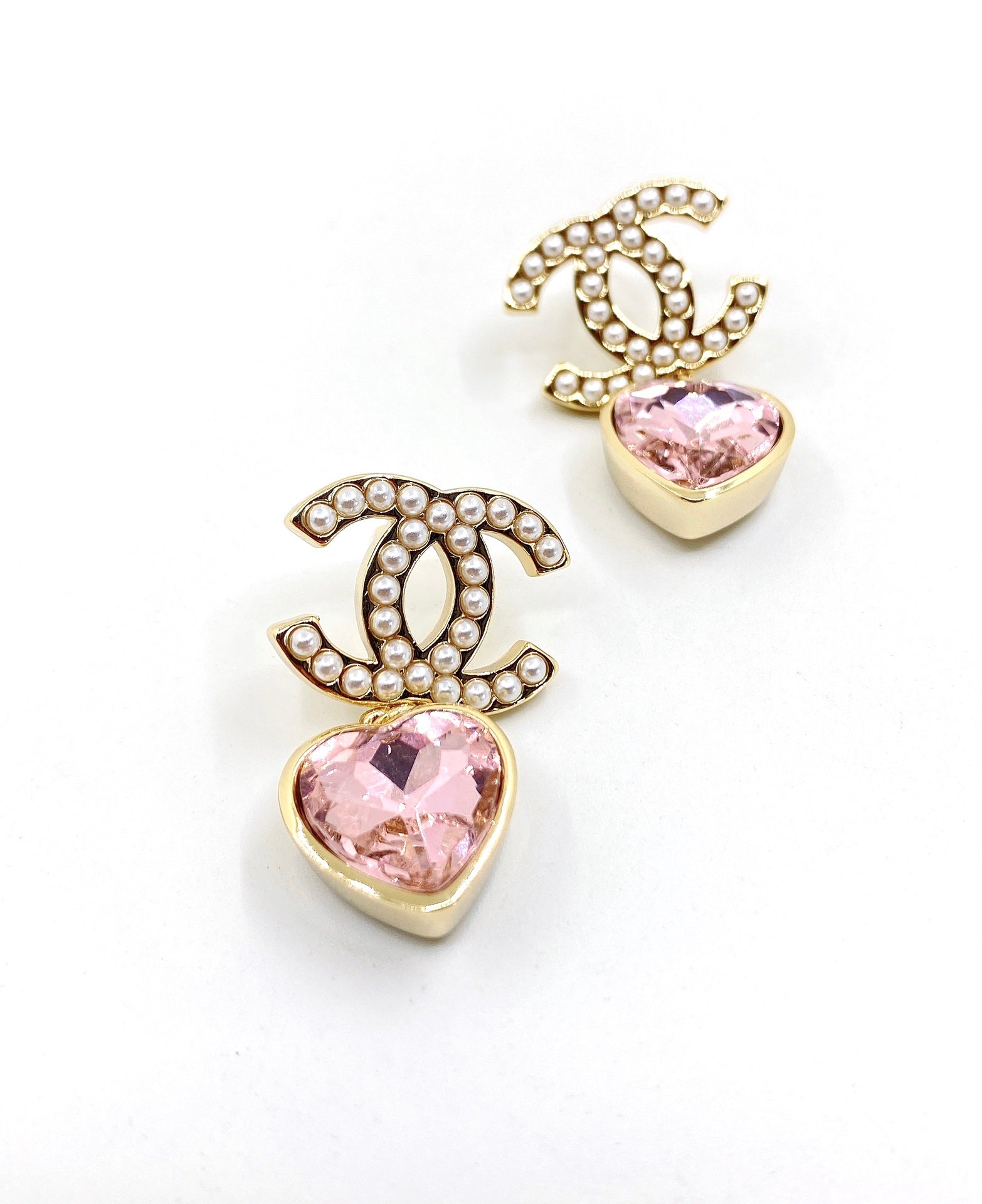 18K  Chanel Pink Heart Crystal Earrings
