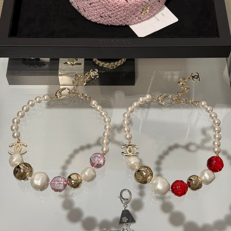18K  Chanel Red Crystal Pearl Choker Necklace
