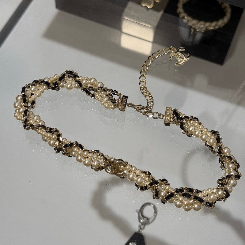 18K  Chanel Pearl Leather Choker Necklace