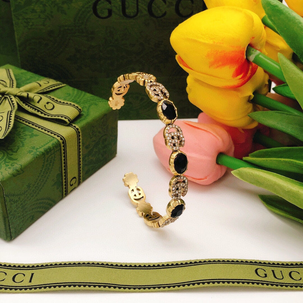 18K Double Gucci Flowers Black Crystals Open Cuff Bracelet