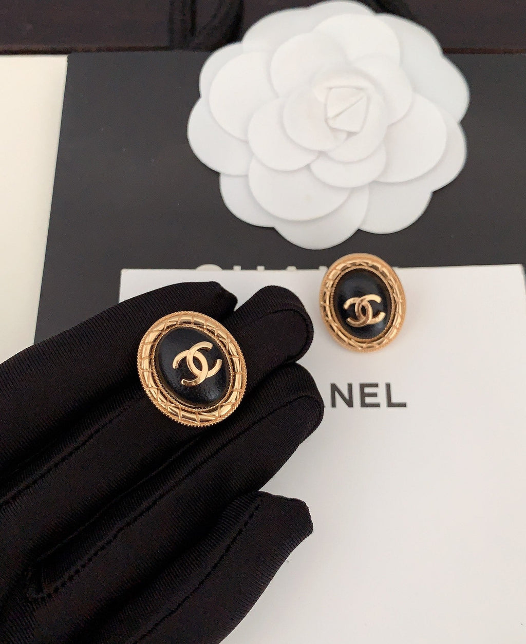 18K  Chanel Oval Leather Earrings