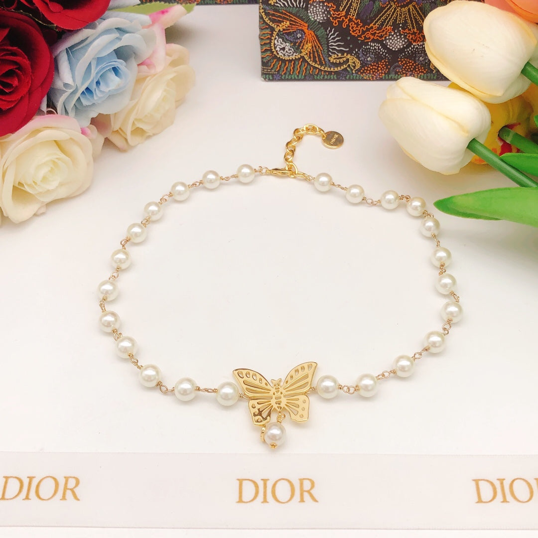 18K Dior Butterfly Pearl Chain Necklace