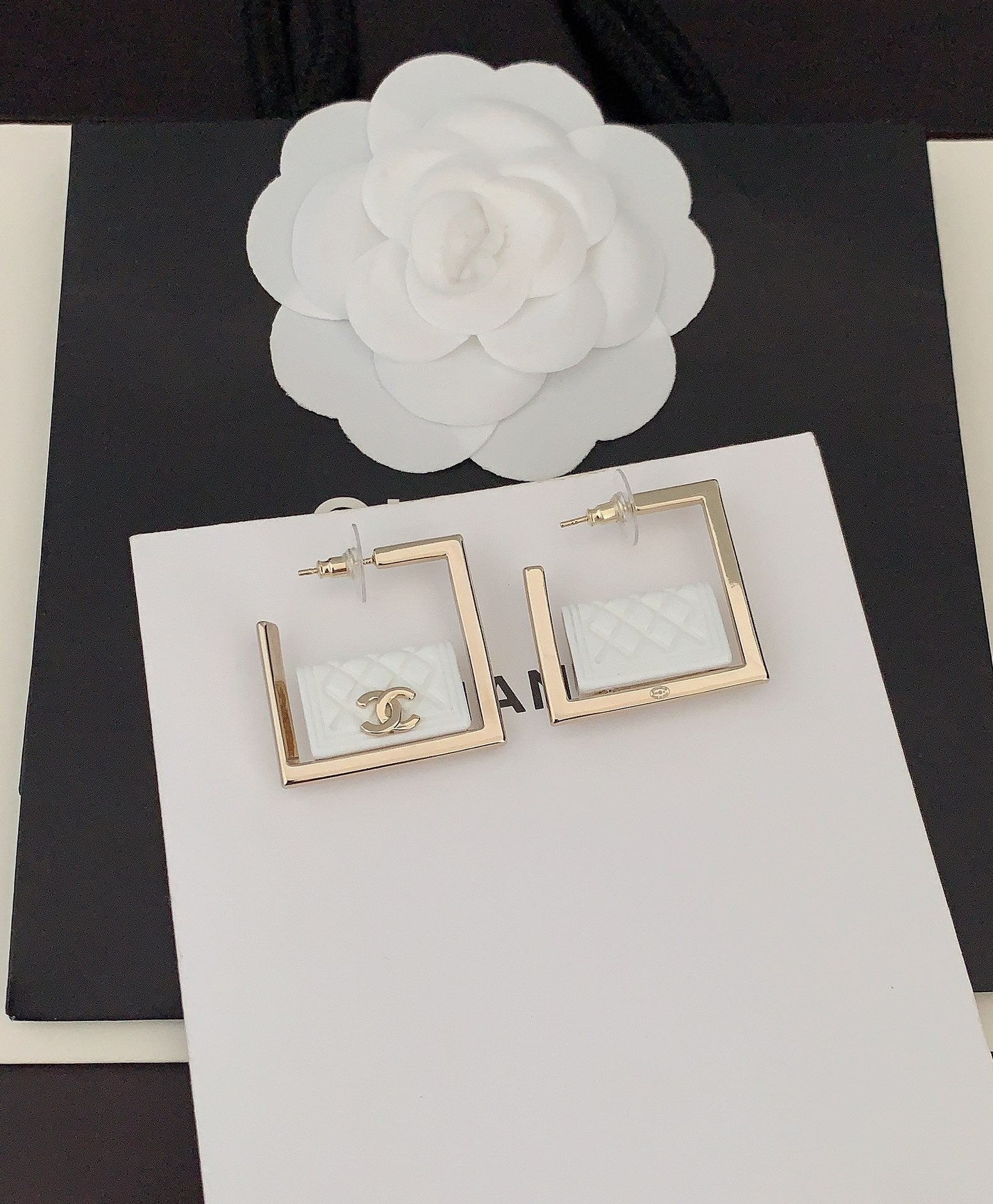18K  Chanel White Bag Pendant Earrings