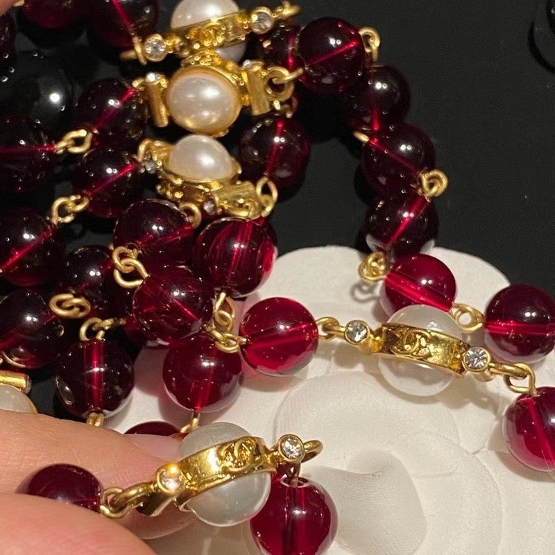 18K  Chanel Long Red & White Pearls Necklace