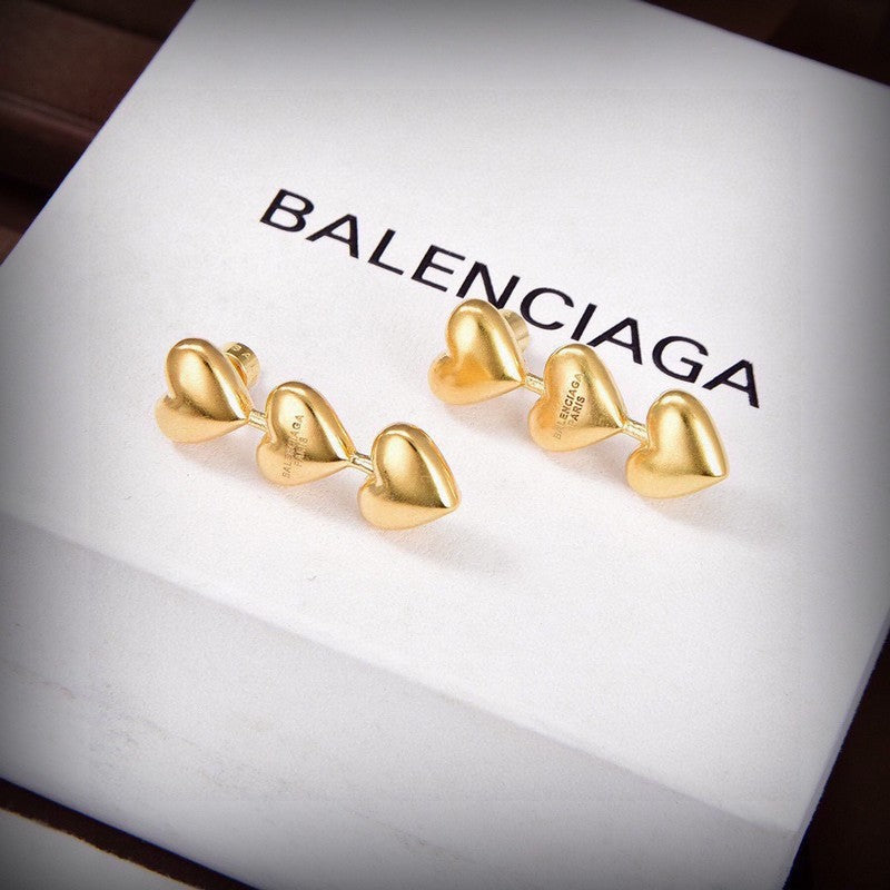 18K Balenciaga Three Heart Gold Earrings