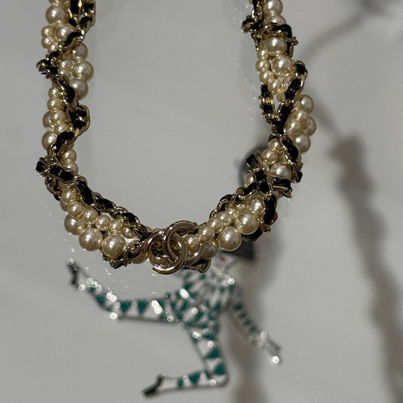 18K  Chanel Pearl Leather Choker Necklace