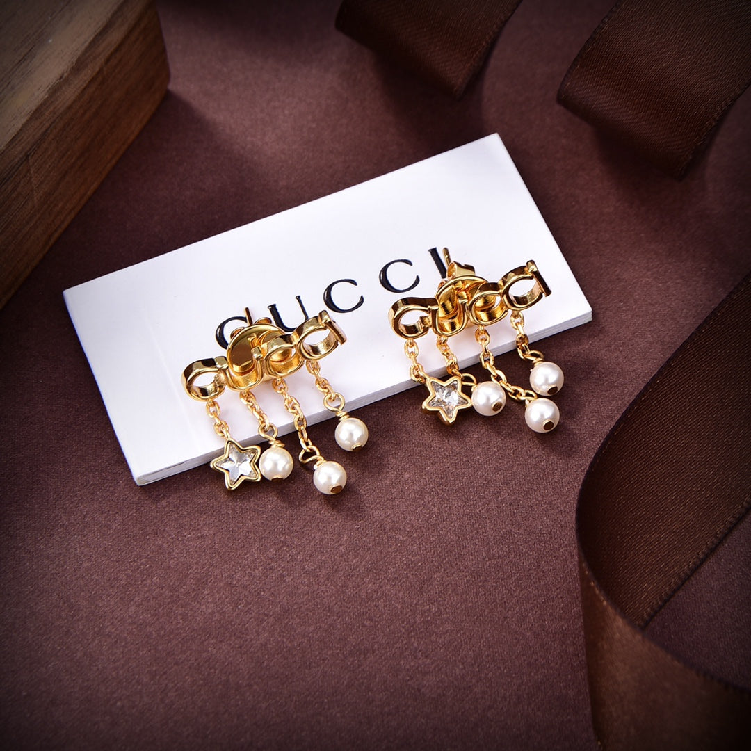 18K Double Gucci Script Pearl Earrings