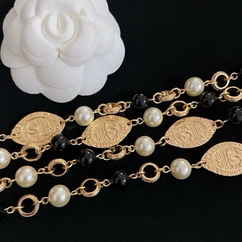 18K  Chanel Long Black & White Pearls Necklace
