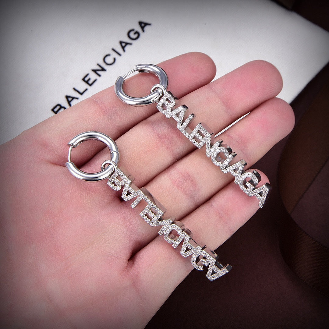 18K Balenciaga Typo Mirror Hoop Crystals Earrings