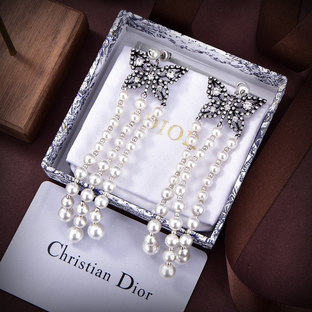 18K Dior Pearls Tassel Long Earrings