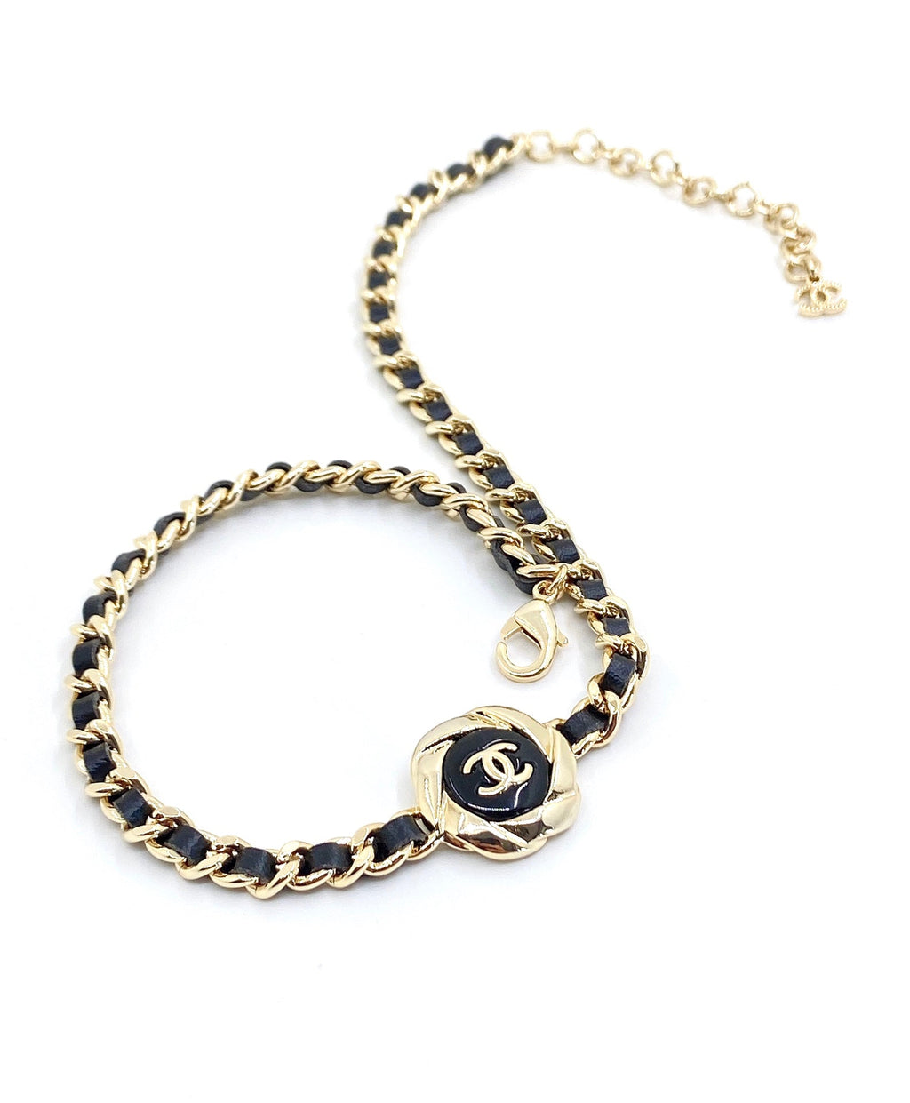 18K  Chanel Rhinestone Leather Choker Necklace