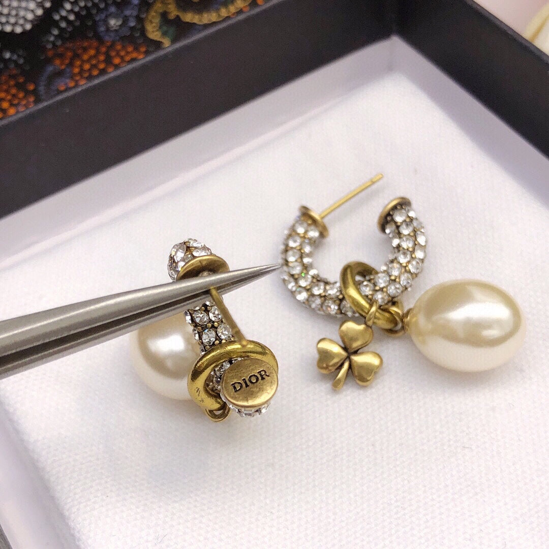 18K Dior March Grass Pearl Crystals Earrings