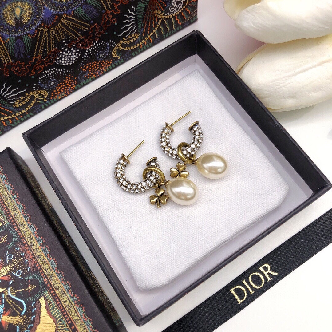 18K Dior March Grass Pearl Crystals Earrings