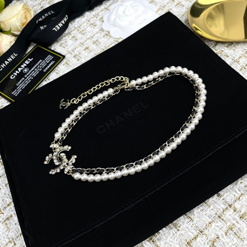 18K  Chanel Pearl Chain Leather Necklace