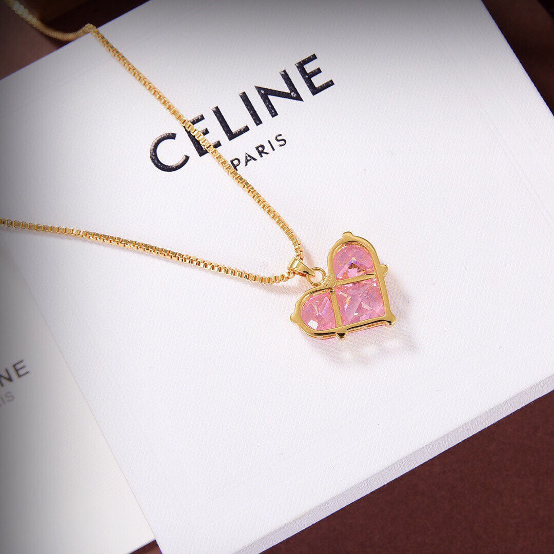 18K Celine Pink Heart Crystal Necklace