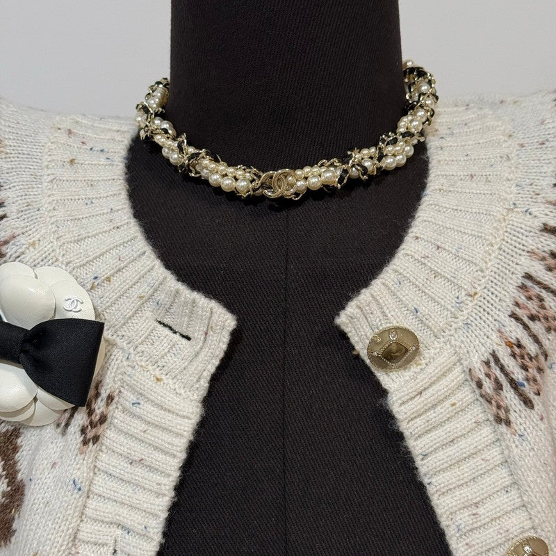 18K  Chanel Pearl Leather Choker Necklace
