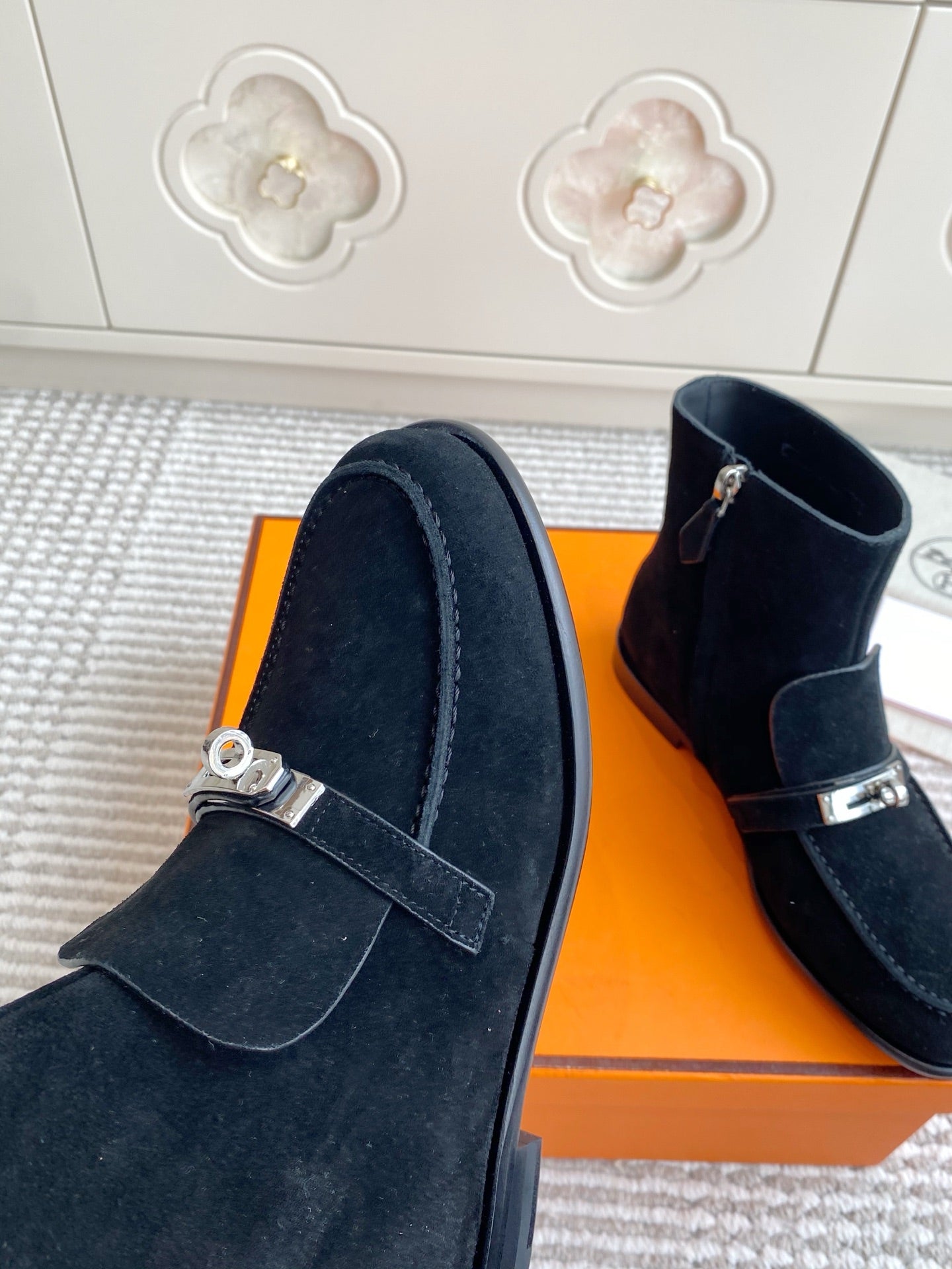 HERMES 25S KELSY ANKLE BOOT IN BLACK SUEDE WITH SILVER HARDWARE
