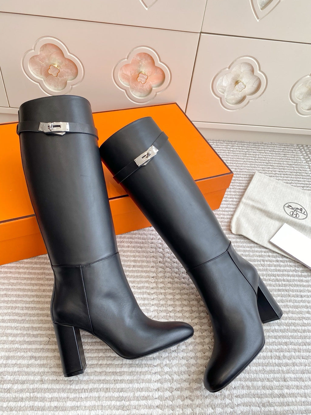 HERMES 25S TALL BOOTS 90 MM IN BLACK LAMBSKIN WITH SILVER HARDWARE